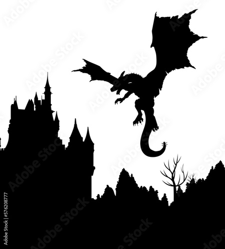 silhouette castle flying dragon
