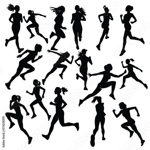running women silhouette vector set illustration