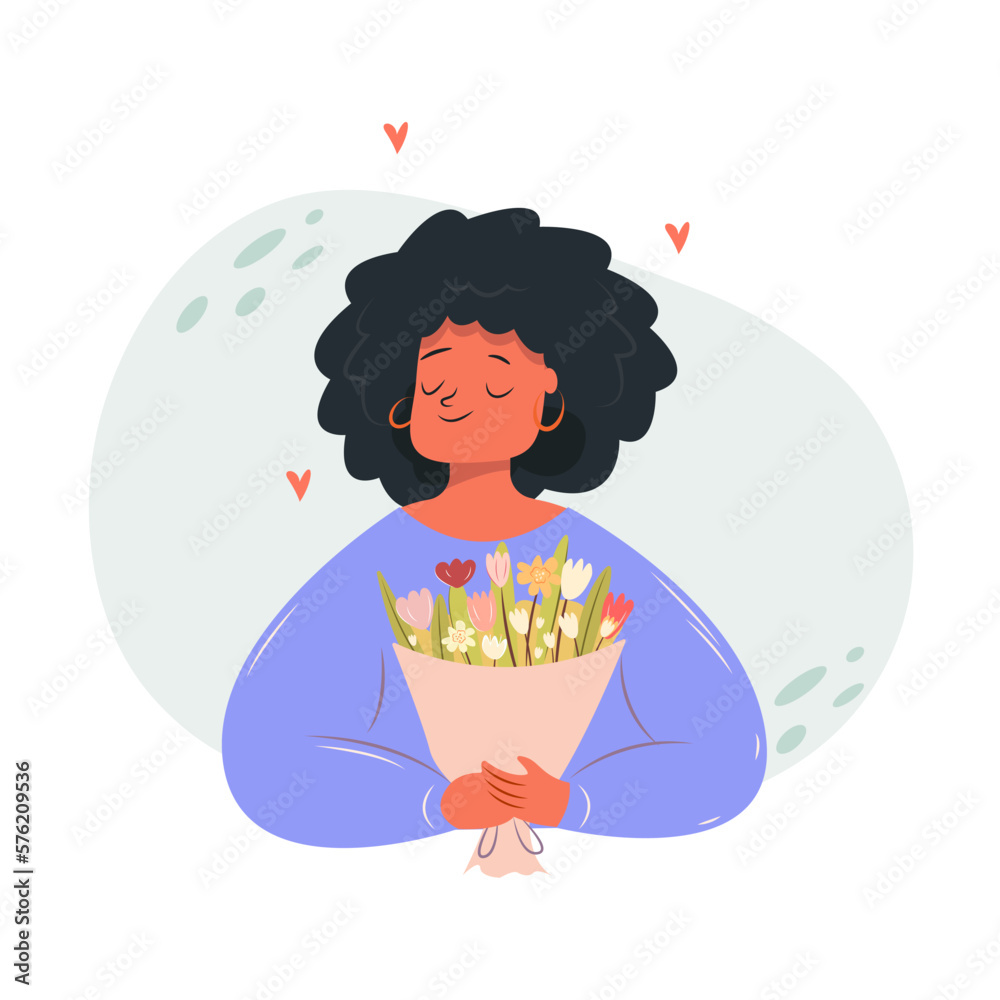 Vector cute girl with a flower gift. womens day character isolated on white background.