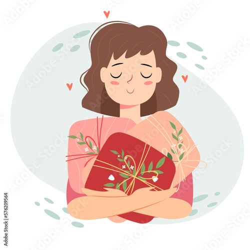Vector young happy woman with presents and gifts