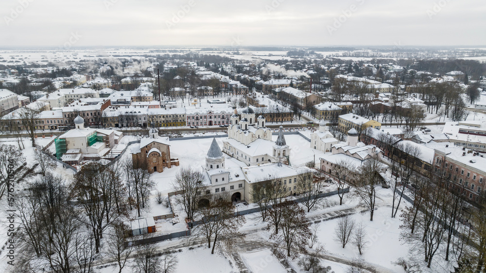 panoramic view from a drone on the ancient center in Veliky Novgorod on a winter day