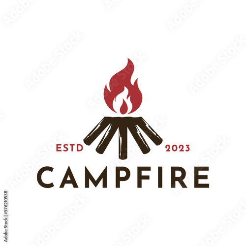 camping logo, hot campfire logs on hand drawn stamp effect vector illustration. Vintage for party poster and banner