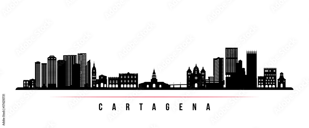 Cartagena skyline horizontal banner. Black and white silhouette of Cartagena, Colombia. Vector template for your design.