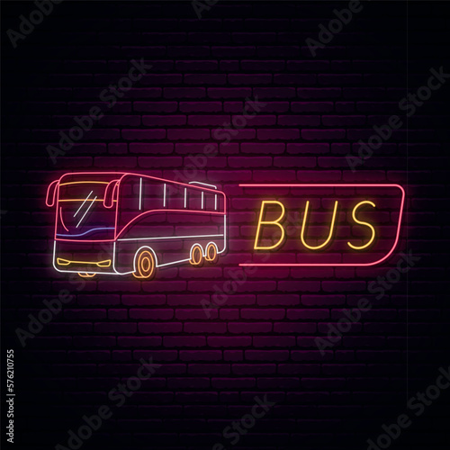 Neon bus sign. Glowing bus icon and text on dark brick wall background. Neon signboard. Vector illustration.
