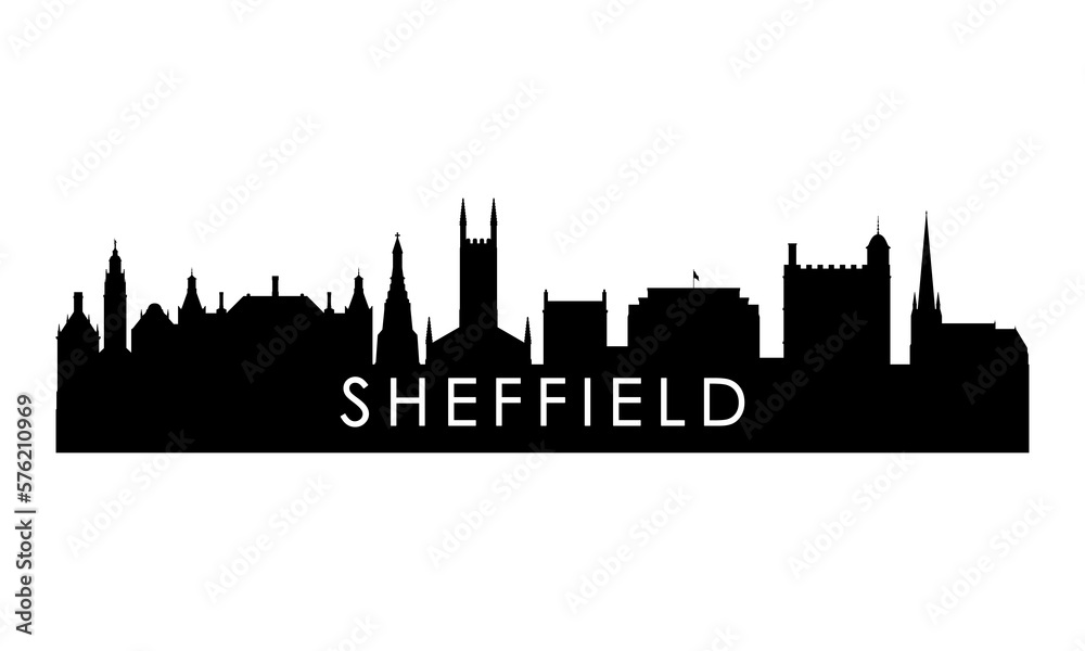 Sheffield skyline silhouette. Black Sheffield city design isolated on white background.