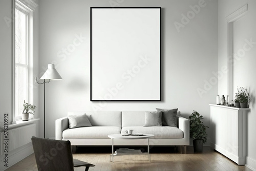 Blank White Poster frame mockup in living room interior. Generative Ai © Aigo labs
