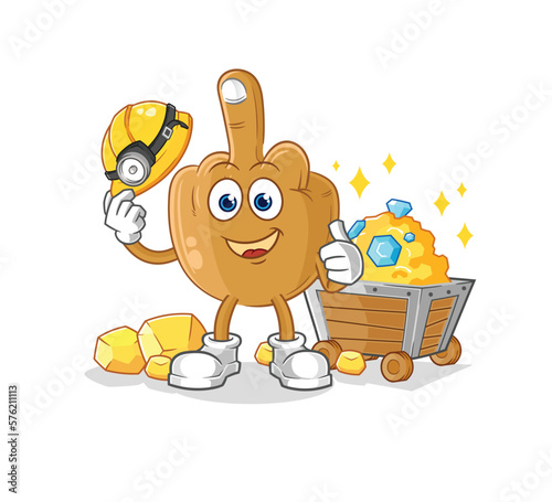 middle finger miner with gold character. cartoon mascot vector