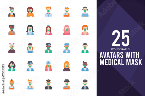 25 Avatars With Medical Masks Flat icon pack. vector illustration.