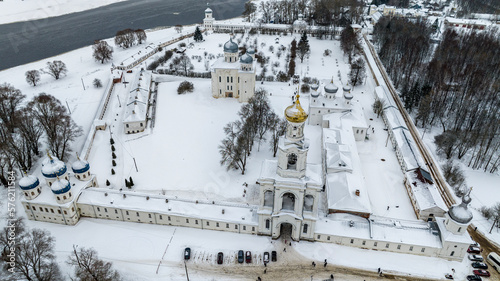 panoramic view from a drone on the ancient monastery of St. Yuriev in Veliky Novgorod on a winter day © константин константи