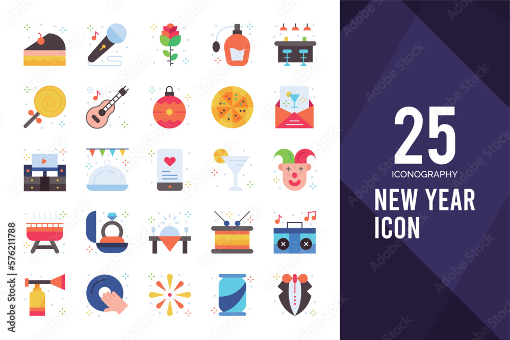 Fototapeta premium 25 New Year Flat icon pack. vector illustration.