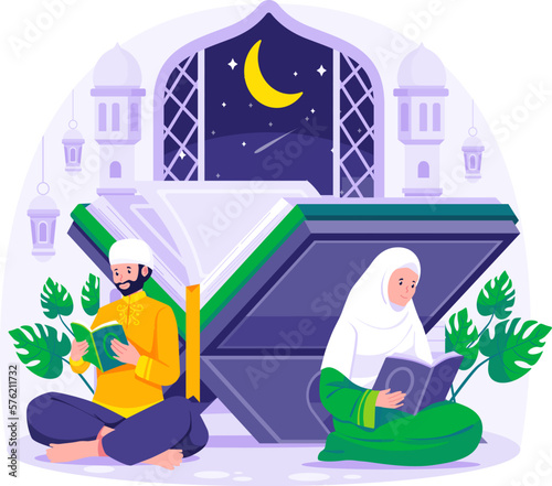 Muslim couple reading and studying the Quran in the mosque during Ramadan Kareem with a giant Quran background. Vector illustration in flat style