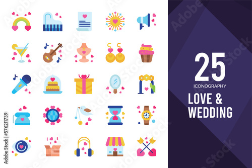 25 Love And Wedding Flat icon pack. vector illustration. © Icon