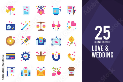 25 Love And Wedding Flat icon pack. vector illustration.