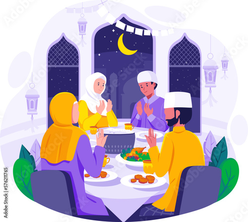 A Muslim Family praying before having iftar to break fasting during Ramadan. Food and dates on the table. Ramadan concept illustration