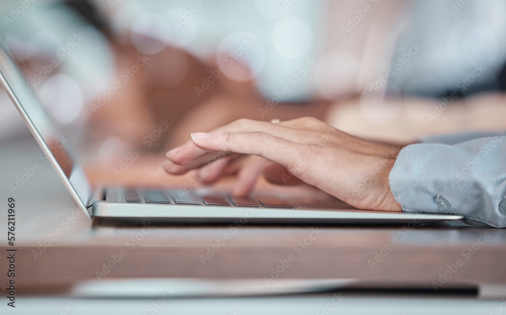Hands, laptop and research with a business woman typing a report for feedback in her office at work. Computer, email or internet with a female employee working on a network for a communication review Hands, laptop and research with a business woman typing a report for feedback in her office at work. Computer, email or internet with a female employee working on a network for a communication review