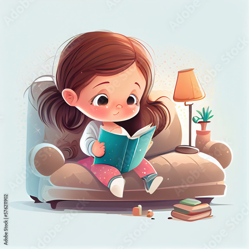 cute babygirl is reading a book on the sofa, cartoon style, generative ai