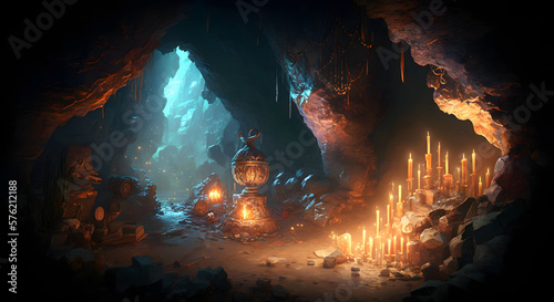 the grand cave treasure inside, treasure chest is opening with golden shining lighting reflection inside, it placed at the deep of the cave in dark environment