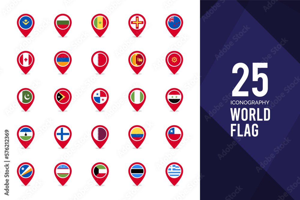 25 World Flags Pin. icons Pack. vector illustration. Stock Vector ...