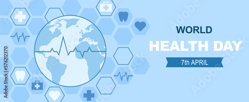 Horizontal banner for world health day celebration. Flat cartoon illustration medical banner.