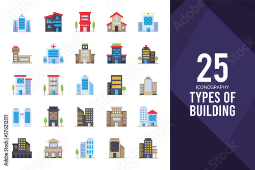 25 Types of Building Flat icon pack. vector illustration.