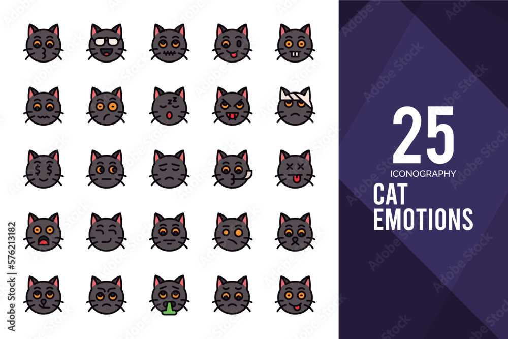 25 Cat Emotions Flat icon pack. vector illustration.