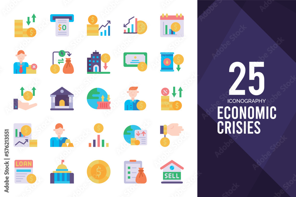 25 Economic Crisies Flat icon pack. vector illustration.