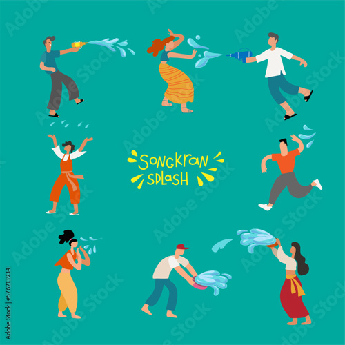 Set of People celebrates the Songkran festival Thailand Traditional New Year s Day by splashing water on each other. Vector Illustration