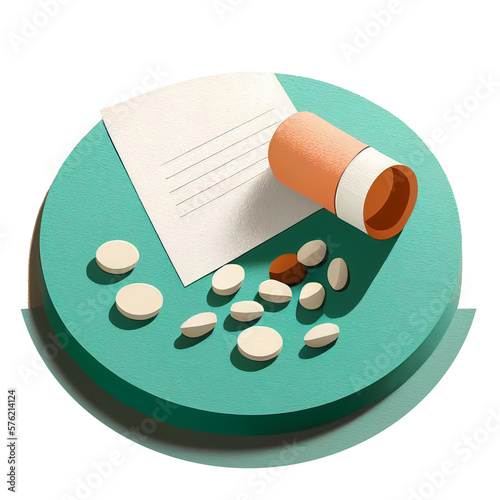 Pills prescriptions Rx in simple graphic style, clean cartoon circle graphic, medicine medical health care, drugs, over-the-counter prescribed pill bottle and doctor's script (generative AI, AI) photo