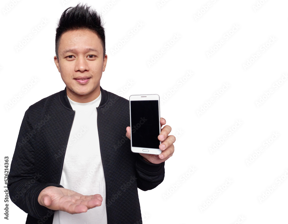Handsome man showing and presenting smart phone with open palm. Handsome man showing and presenting smart phone with open palm.
