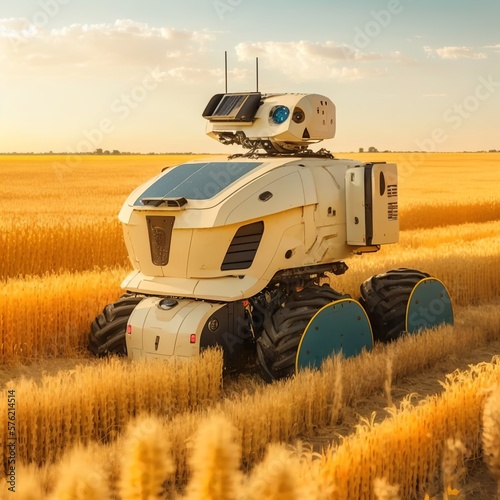 harvesting robot, an autonomous vehicle for management in a grain field in agriculture, commercial vehicle robot with artificial intelligence wheat big wheels yellow modern technology Generative AI