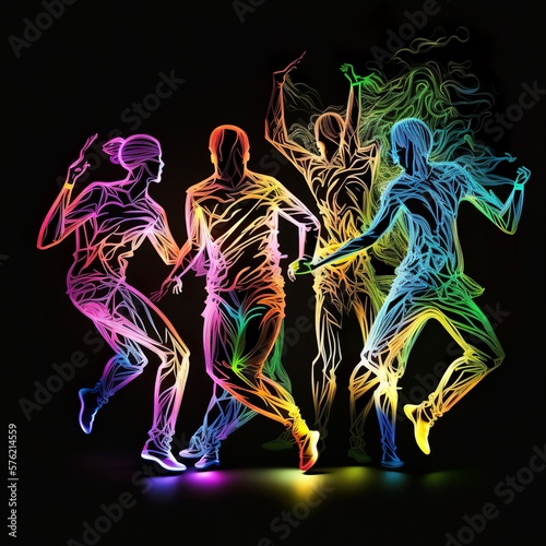 neon silhouettes of dancing people on a black background dark dance walk move graphics Generative AI 