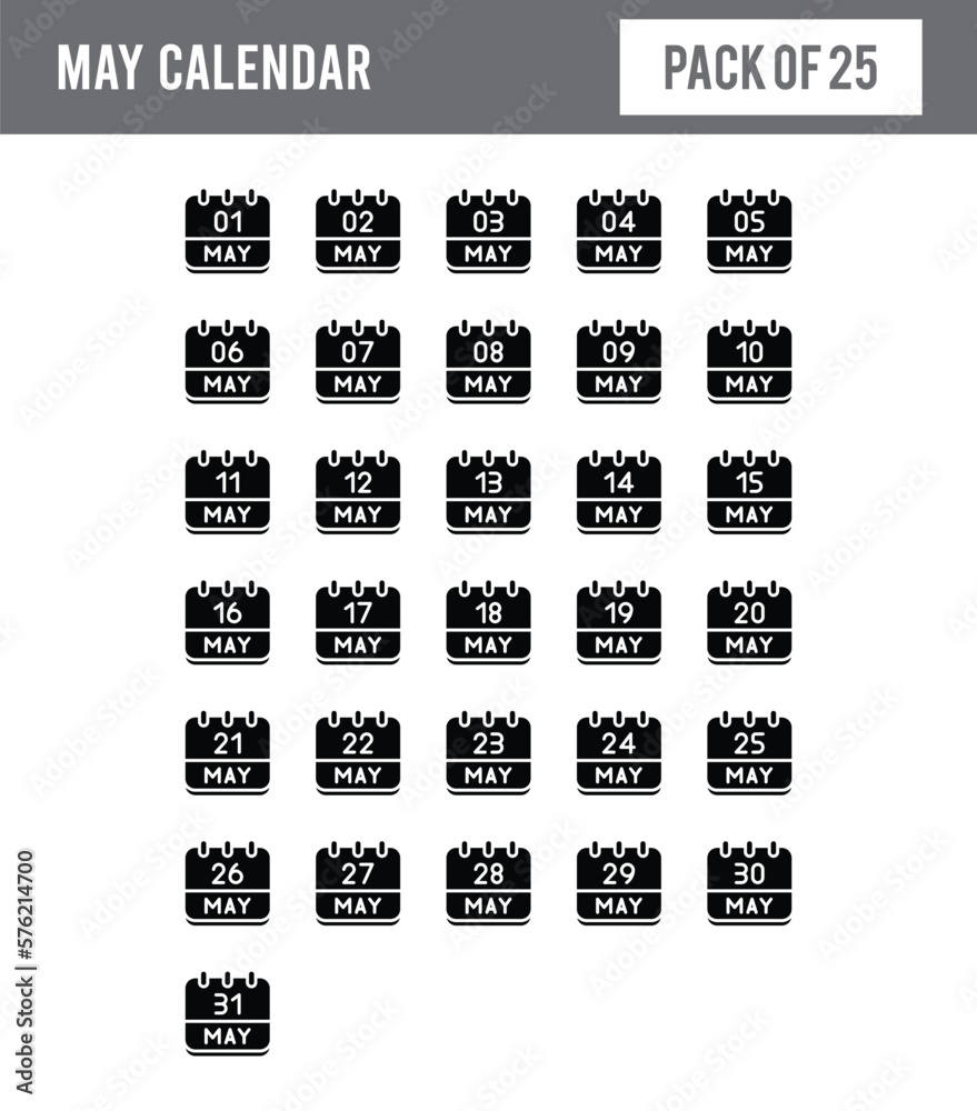 25 May Calendar Glyph icon pack. vector illustration.