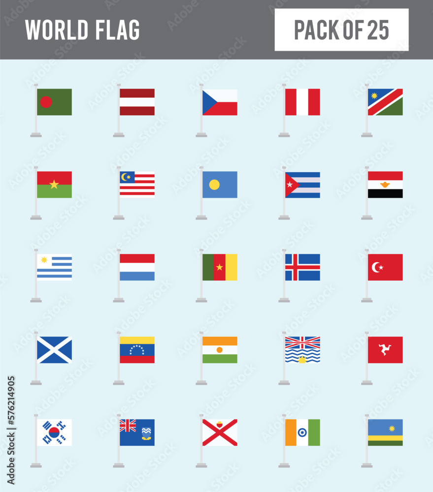 25 World Flags Pole. icons Pack. vector illustration. 25 World Flags Pole. icons Pack. vector illustration.