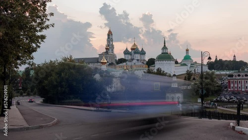 Evening view of holy Trinity St. Sergius Lavra in Sergiev Posad in the Moscow Region. Time-lapse.