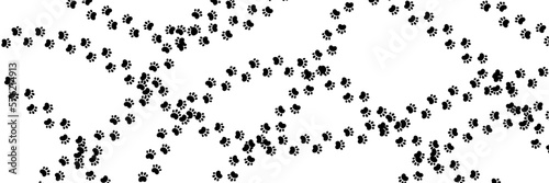 Dog paw print background. Cute cat pawprint texture. Pet foot trail pattern. Black dog step silhouette. Simple doodle drawing. Vector illustration isolated on white background.