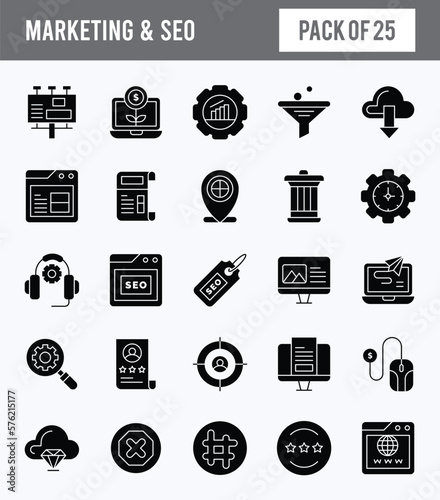 25 Marketing and Seo Glyph icon pack. vector illustration.