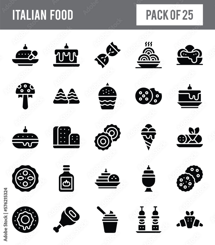 25 Italian Food Glyph icon pack. vector illustration.