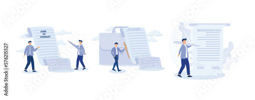 Code of conduct, compliance document company, Company policies document,Company registration service, set flat vector modern illustration