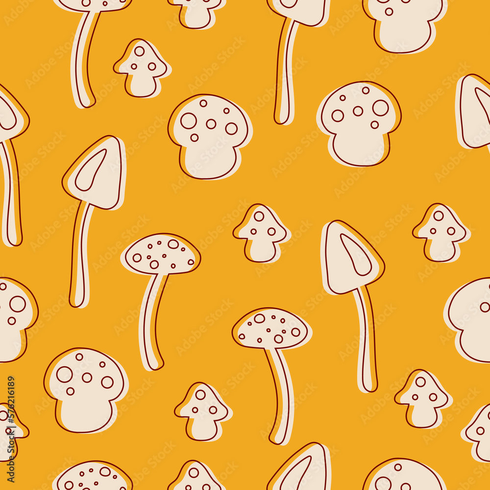Seamless pattern with line mushrooms in warm yellow colors in hippie style.