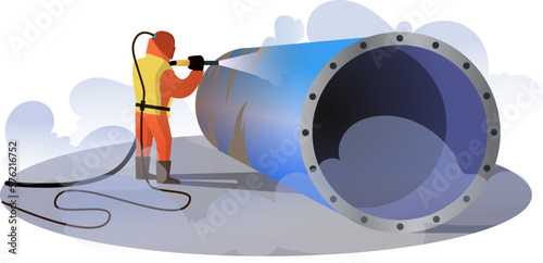 Sandblasting process vector illustration, Industrial worker using sand blasting process preparation cleaning surface on big steel, industrial worker, steel factory concept