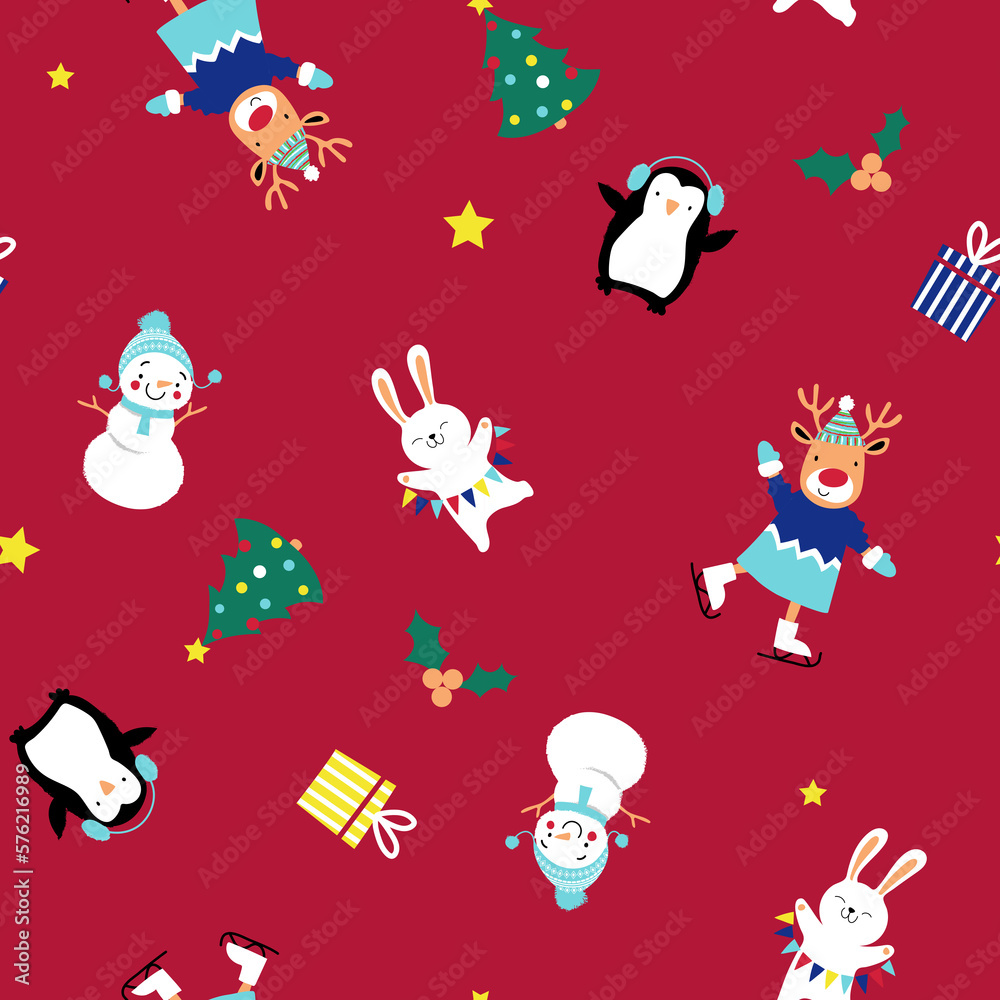 seamless pattern in Scandinavian style. a hare, a gift, a Christmas tree. garland