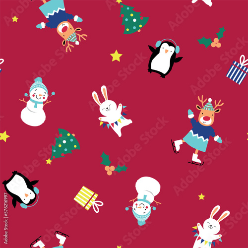 seamless pattern in Scandinavian style. a hare  a gift  a Christmas tree. garland