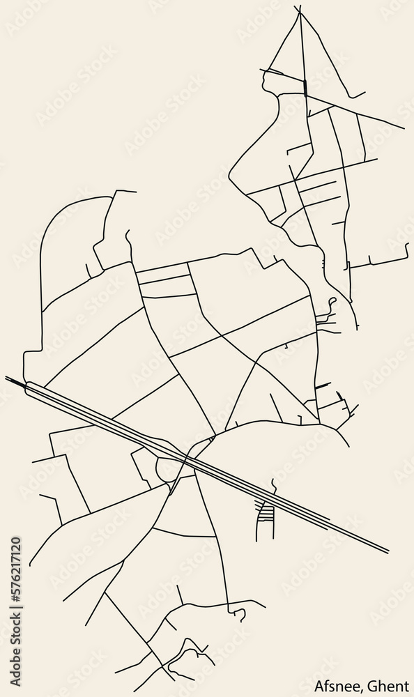 Detailed hand-drawn navigational urban street roads map of the AFSNEE MUNICIPALITY of the Belgian city of GHENT, Belgium with vivid road lines and name tag on solid background