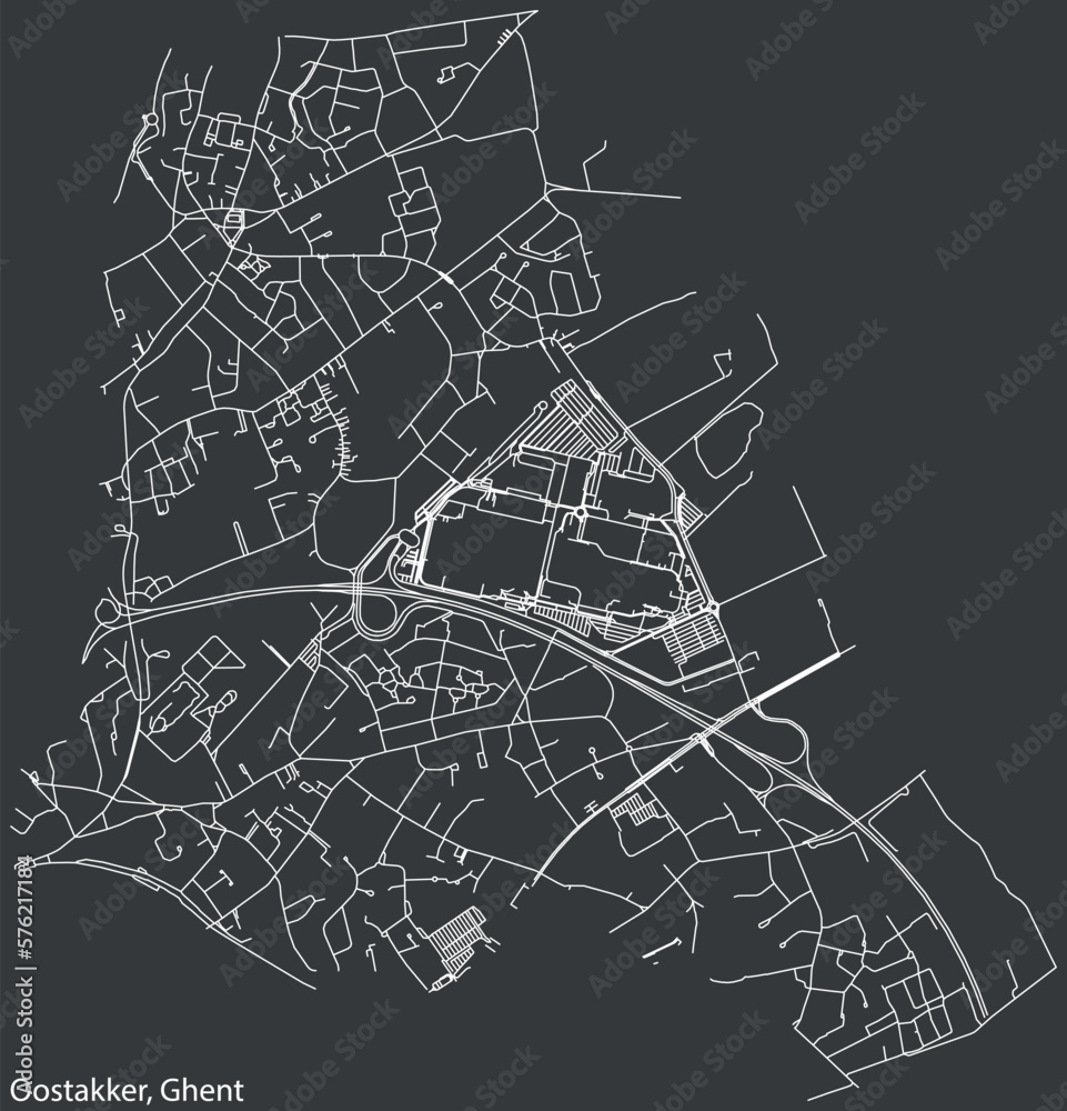 Detailed hand-drawn navigational urban street roads map of the OOSTAKKER MUNICIPALITY of the Belgian city of GHENT, Belgium with vivid road lines and name tag on solid background