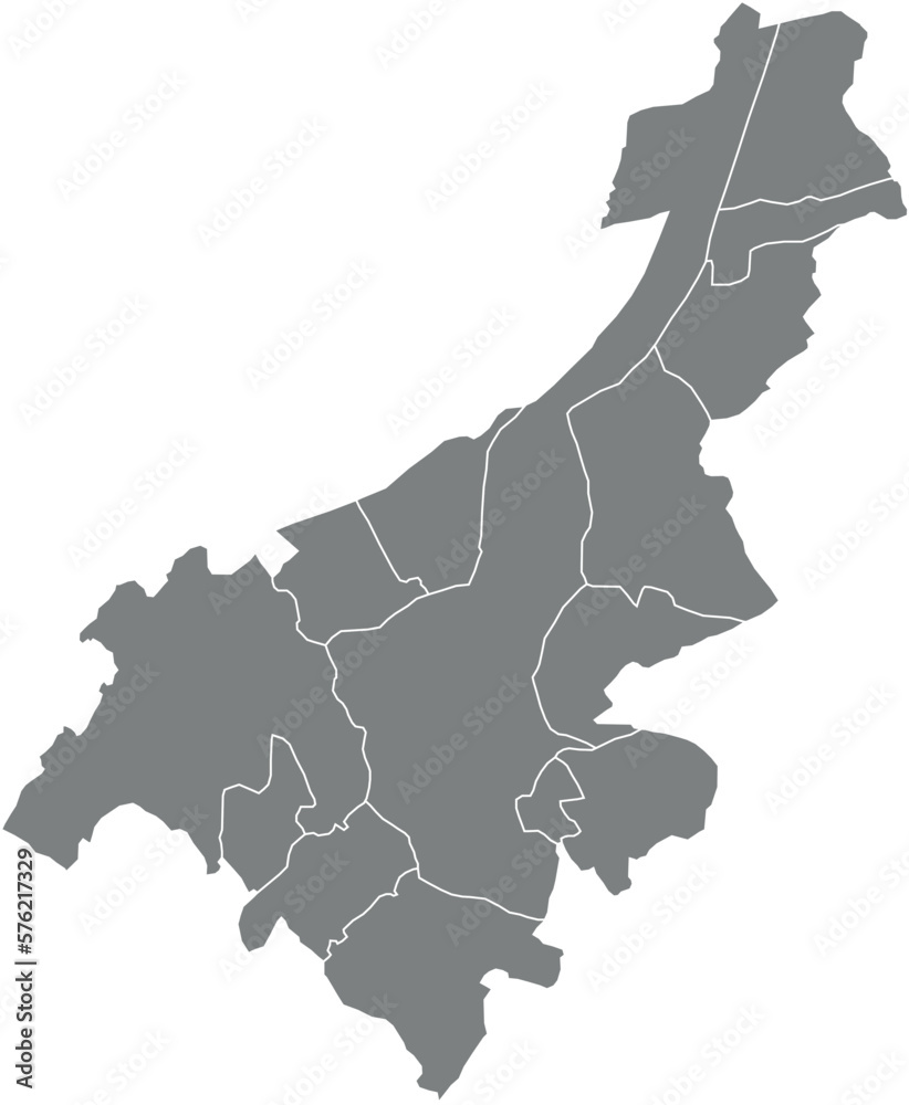 Grey flat vector administrative map of GHENT, BELGIUM with white border lines of its municipalities