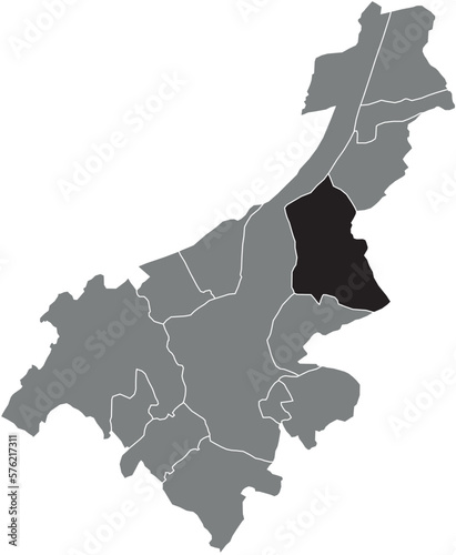 Black flat blank highlighted location map of the OOSTAKKER MUNICIPALITY inside gray administrative map of GHENT, Belgium photo