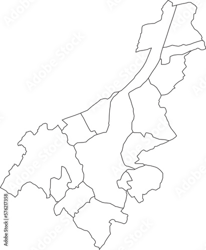 White flat vector administrative map of GHENT, BELGIUM with black border lines of its municipalities