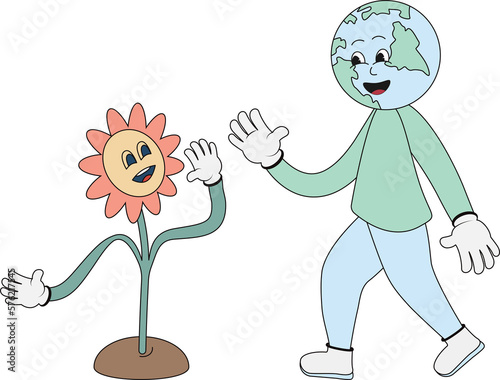 Funny planet and flower in trendy retro cartoon style. High five hand gesture Earth Day and World Environment Day design element