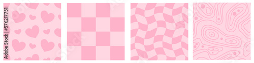 Set of pink groovy background. Happy love retro print. Romantic happy valentine seamless pattern