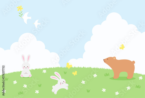 spring vector background with animals, insects and flowers on a green field for banners, cards, flyers, social media wallpapers, etc.